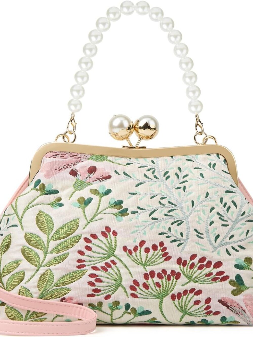 Vintage Embroidered Flower Handbag Retro Pearl Chain Crossbody Bag Clutch Kiss L